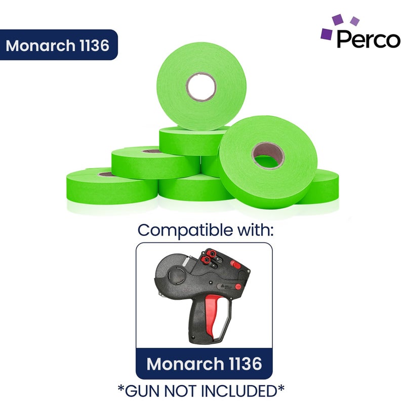 Perco Fluorescent Green Pricing Labels for Monarch 1136 Price Gun â€“ 3 Sleeves, 24 Rolls Value Pack - 42,000 Price Marking Labels â€“ with Ink Rolls Included - Image 2